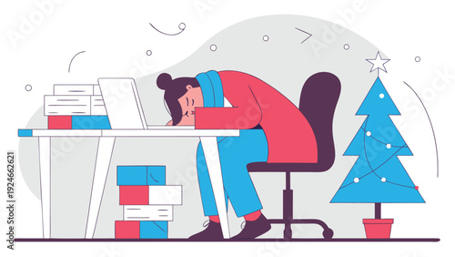 A woman is sleeping slumped over her computer desk with a laptop, documents, and a Christmas tree.