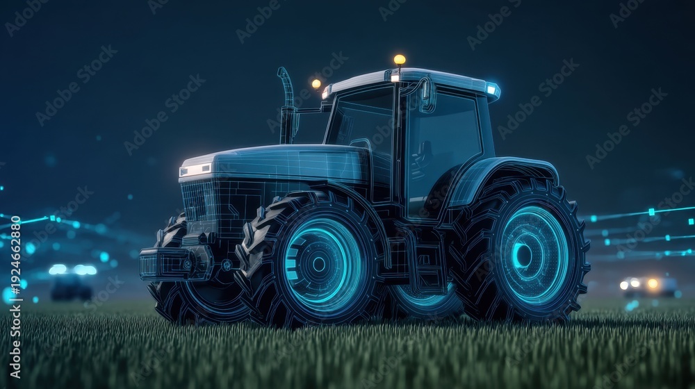 Fototapeta premium Futuristic Tractor on Agricultural Field with High-Tech Visual Elements and Advanced Design Features