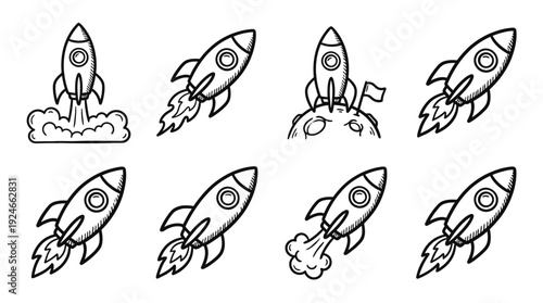 Hand Drawn Rocket Icon Set - Space Exploration, Startup Launch, Progress & Success Vector Doodles