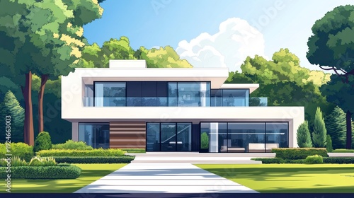 Modern house illustration with green landscape and clear blue sky for design