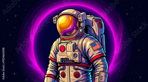 Vibrant Cartoon Astronaut in Space Suit with USA Flag against a Cosmic Neon Purple Ring Background - Sci-Fi Illustration