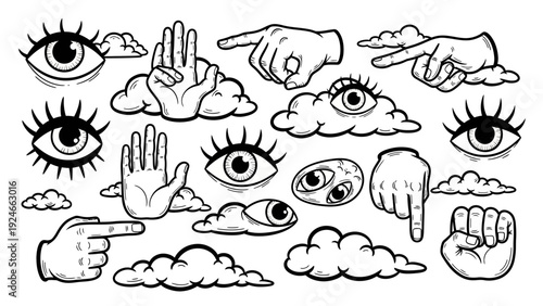 Hand Drawn Eyes and Hands Illustration.