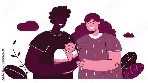A smiling diverse couple, a man and woman, are happily holding their newborn baby together.