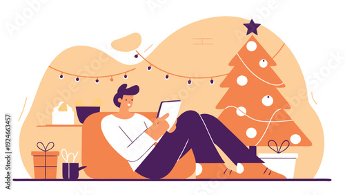 A person sits on a bean bag chair using a digital tablet, surrounded by festive Christmas decorations.