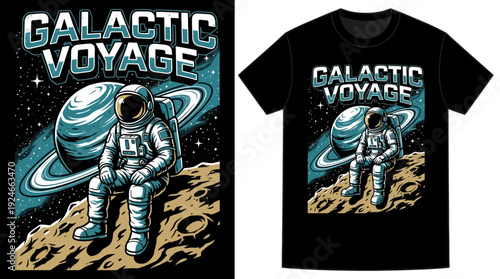 Galactic Voyage: Astronaut Resting on Moon Surface with Saturn, Stars - Retro Space Exploration T-Shirt Design Illustration