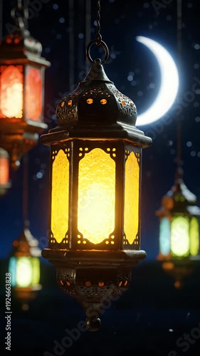 Ramadan Lanterns Glow Under Crescent Moon Night Sky Footage