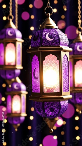 Purple Ramadan Lanterns with Bokeh Lights Festive Islamic Background