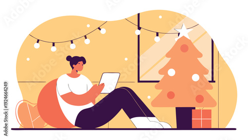 A person sits on a bean bag chair using a digital tablet, next to a Christmas tree and window.