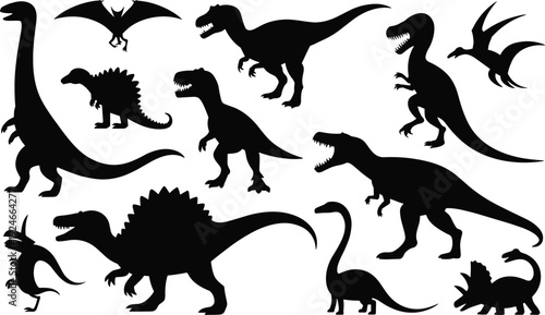 Collection of dinosaur silhouettes including sauropods, theropods, pterosaurs, and stegosaurus, prehistoric animal illustrations for education, design, and paleontology