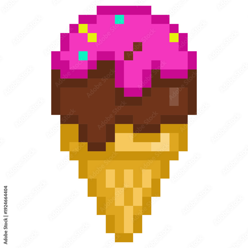 Naklejka premium Pixel Ice Cream Cone Colorful in Retro Game Style.