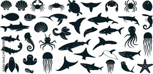 Collection of diverse sea creature silhouettes including fish, sharks, whales, turtles, crabs, octopus, jellyfish, seahorses, shells, and starfish