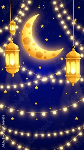 Ramadan Crescent Moon Lanterns And Starry Night Lights Loop