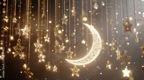 Golden Crescent Moon and Sparkling Stars Glowing Brightly for a Festive Night Celebration Background