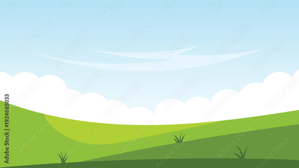 Obraz premium green field with summer blue sky background. nature landscape cartoon scene