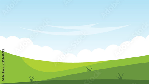 green field with summer blue sky background. nature landscape cartoon scene
