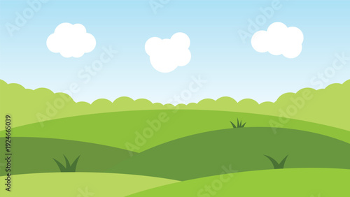 landscape cartoon scene with green field and white cloud on blue sky background