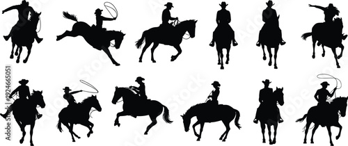Cowboy and Cowgirl Horse Riding Silhouettes with Lassos, Western Rodeo Action, Ranch Culture, Frontier Lifestyle Vector Illustration