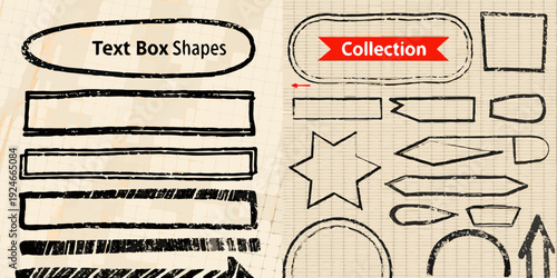 Collection of hand drawn text box and shape doodles on lined paper