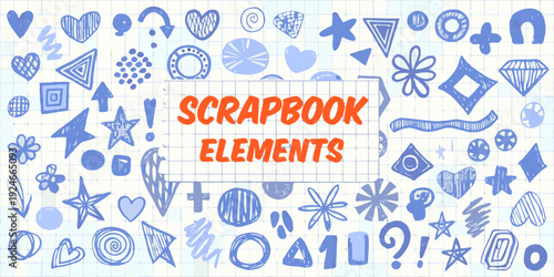 Colorful scrapbook elements and doodles scattered on a blue grid background