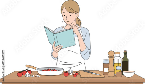 Woman reading recipe book while cooking fresh vegetables in kitchen, preparing healthy homemade meal with tomatoes, garlic and spices, home cooking lifestyle and nutrition concept illustration