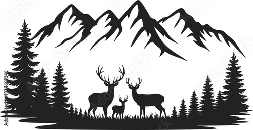 Silhouette illustration of three deer with antlers among evergreen trees and mountain peaks, wilderness forest landscape for nature artwork