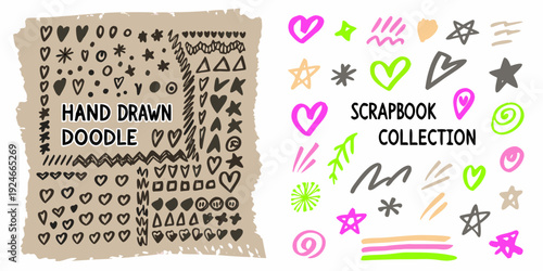 A colorful collection of hand drawn doodles hearts and scrapbook elements