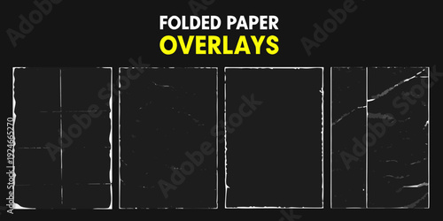 Folded paper overlays with distressed textures on a black background