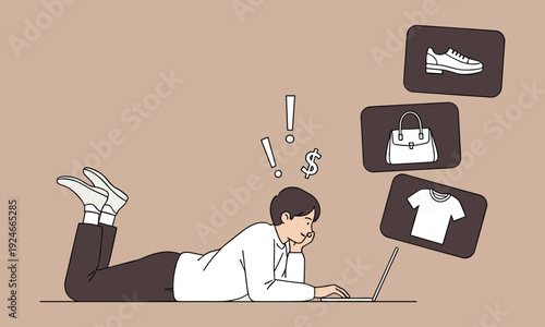 Woman shopping online using laptop, browsing fashion products, digital payment and e commerce concept, home shopping lifestyle, consumer choice and modern retail illustration