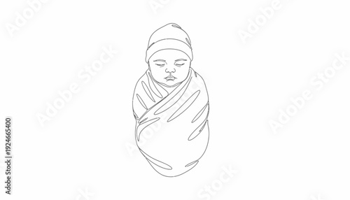 Minimalist Line Art Newborn Baby Wrapped in Swaddle and Hat, Peaceful Sleep
