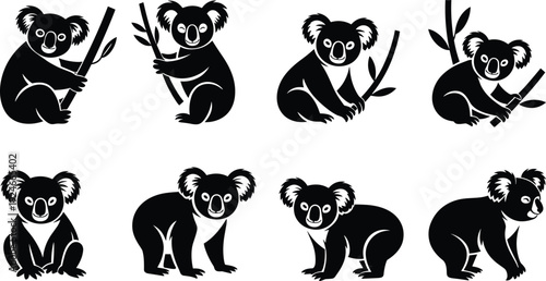 Stylized Koala Silhouettes in Various Poses with Tree Branches, Cute Wildlife Vector Illustration for Education, Puzzle, Pattern Recognition
