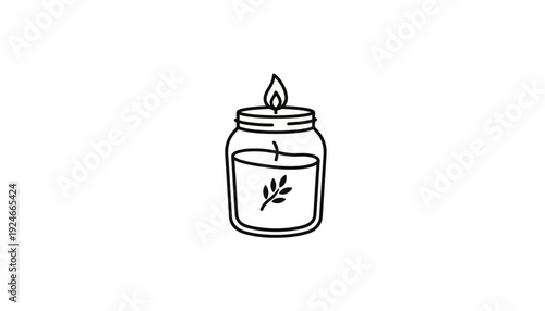 Minimalist line art of a lit candle in a jar with a leaf motif, symbolizing relaxation and ambiance.