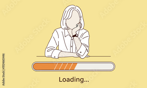 Woman waiting with loading progress bar, patience and delay concept, slow process, system buffering, waiting time frustration and digital performance concept illustration