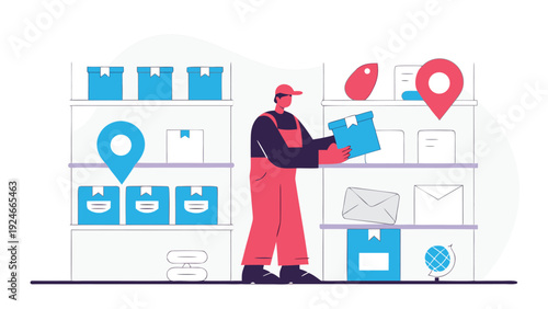 Postman sorting mail and packages at a shipping and delivery sorting station with shelves and location pins.