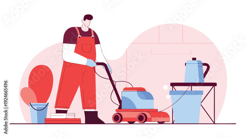 Professional man cleaning and polishing the floor with a scrubbing machine in a room with buckets and supplies.