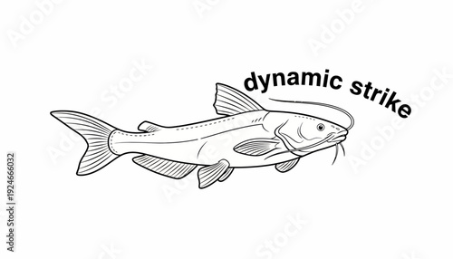 Line Art Catfish with "Dynamic Strike" Text - Fishing and Wildlife Illustration
