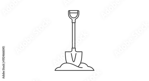Line Art Icon of a Shovel Stuck in a Pile of Dirt, Symbolizing Digging and Gardening