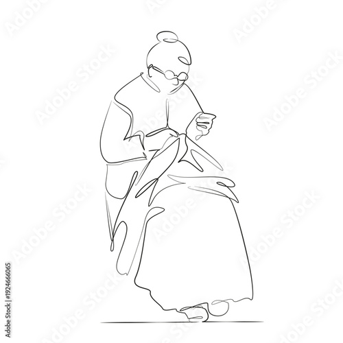 One continuous line drawing on white isolated background. Minimalism linear illustration. grandmother, knit up, person, needle, home, woman, elderly, hobby, wool, senior