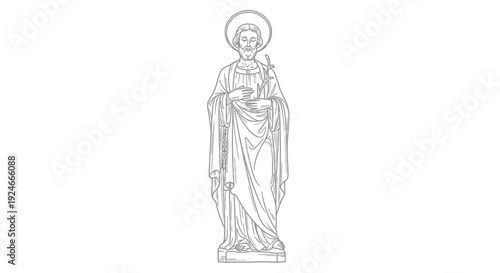 Line Drawing of Saint Jude Thaddeus Statue with Halo and Keys, Religious Iconography