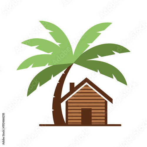 Palm Tree House Logo Vector Illustration, Tropical Treehouse Icon featuring Wooden Cabin and Palm Trees Silhouette, Modern Flat Design Emblem Isolated on White Background