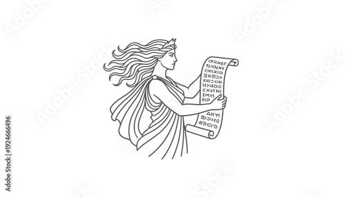 Goddess of wisdom holding scroll with ancient Greek text, illustration