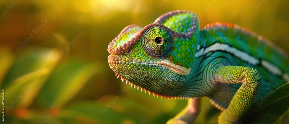 Fototapeta premium Detailed macro of a colorful chameleon with textured scales and vivid green tones against soft natural background, symbolizing adaptability and wildlife beauty.