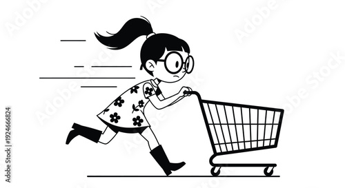 Girl with Glasses Running Fast with Empty Shopping Cart