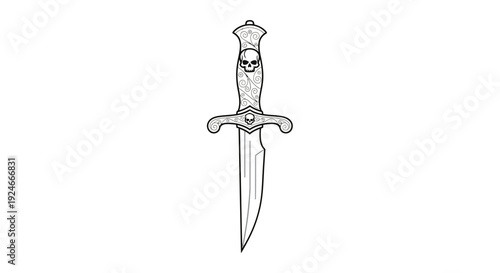 Gothic Dagger with Skull Handle - Black and White Illustration