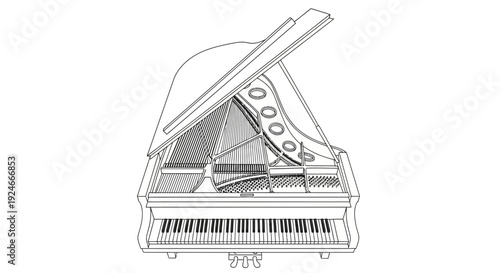 Grand Piano Blueprint - Detailed Line Drawing of a Musical Instrument
