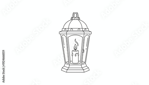 Grave lantern with burning candle, outline drawing, memorial symbol, eternal flame