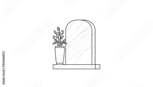 Gravestone with Planted Flowers in a Vase, Marble Stone Monument, Cemetery Symbol