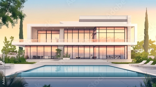 Modern luxury villa with swimming pool and panoramic windows at sunset