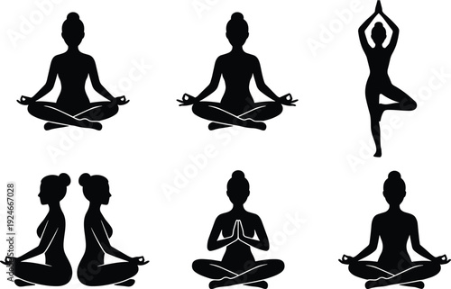 Yoga meditation silhouette set featuring woman practicing lotus and tree poses symbolizing mindfulness, relaxation, balance, wellness and healthy lifestyle concept