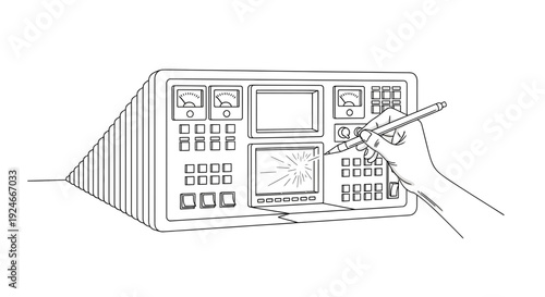 Hand holding pen, damaged electronic device screen, repair concept