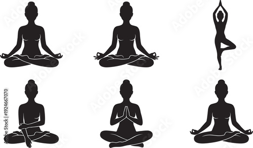 Yoga meditation silhouette collection featuring woman practicing lotus pose, tree pose and mindfulness exercises representing wellness, relaxation and healthy lifestyle concept